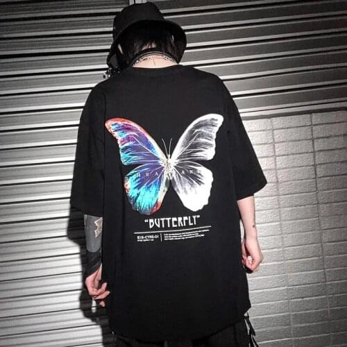 Large mens T-shirt, hip hop, streetwear, Harajuku color, butterfly, short sleeve, cotton, loose, hip hop, XL, 2021, vintage Y2K