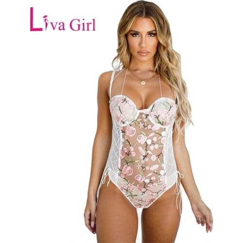 LIVA GIRL 2020 Sexy Transparent Floral Lace Bodysuit Women White Sleeveless Bodysuits Sheer Bodycon Jumpsuits Female Body Tops