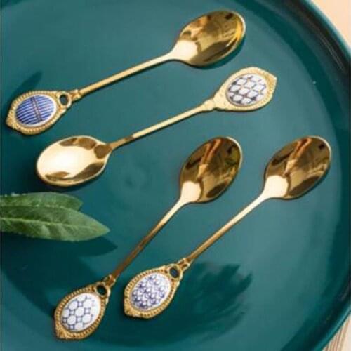 Stainless Steel Spoon Inlay Ceramic Handle Ice Cream Coffee Spoons Teaspoon Vintage Gold Plating Dessert Cake Scoop Tableware
