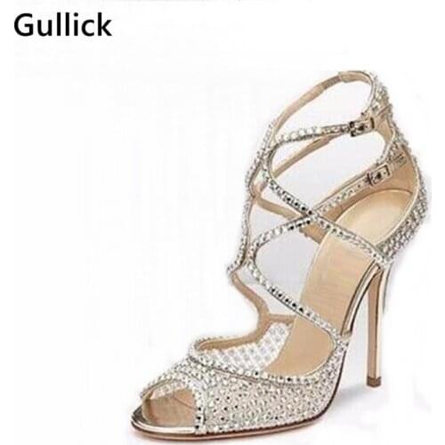 Fashion Silver Black Sandals Rhinestone Thin Heel Women High Heels Both Ankle Buckle Cover Heel Peep Toe Sexy Pumps Dress