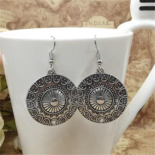 Lusion Jewelry Vintage Tibetan Sliver carving Round Drop Earring For Woman Retro Long Cheap Dangle Earrings Bohemian Accessories