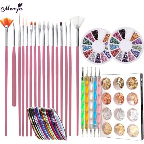 Monja 15 Pcs Nail Art Painting Brush Kit 5 Pcs Rhinetstone Dotting Picking Pen Nail Foil Tape Sticker DIY Manicure Tool Set