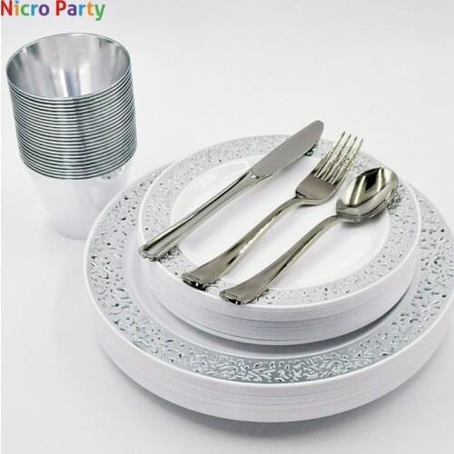 Nicro 25 People Party Silver Plastic Plates Wedding Disposable Tableware Adult Happy Birthday Cups