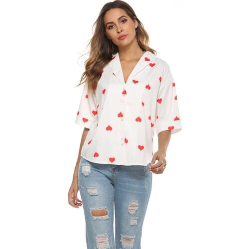 New Summer Sweet Love Print Medium Long Sleeve Loose Shirt Fashion Women Shirt Casual Top S