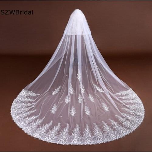 New Arrival Cathedral Wedding Veil Lace Appliques Two Layers Bridal Veils Ribbon Edge Bride Wedding accessories voile mariage