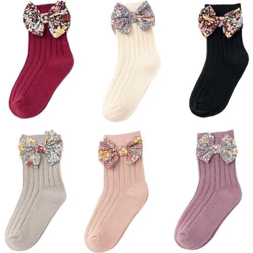 Toddler Baby Girls Cotton Crew Socks Floral Print Bowknot Princess Stockings