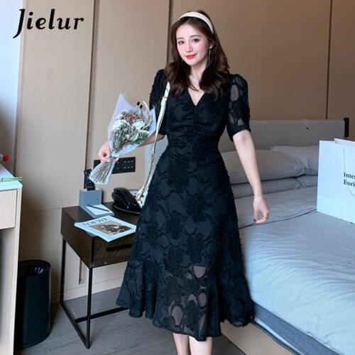 Jielur V-neck Women Dress Short Sleeve Lace Chic Trumpet Dresses Slim Robe Femme Korean Black S-XL Solid Color Summer Dress
