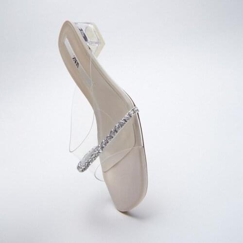 Womens Slippers Summer PVC Transparent Word with Rhinestone Decoration Thick Heel Sandals Crystal Square Toe High Heel Shoes