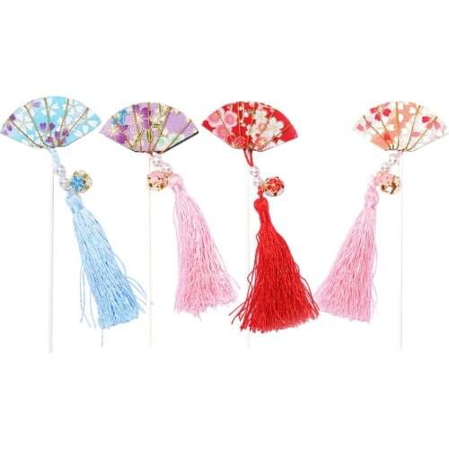 4pcs Cake Toppers Tassel Chinese Fan Creative Pearl Bell Pendant Cake Picks Cupcake Decor for Birthday
