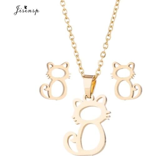 Jisensp Jewelry Sets Gift for Women Cute Cat Pendant Necklace Earrings Set Stainless Steel Animal Sets accesorios mujer