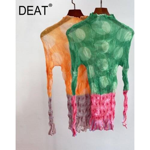 DEAT Pleated T Shirt Woman Hit Color Dot Pattern Long Sleeve Pullover Tops Thin Fit Casual Style 2021 New Summer Fashion 15HT133