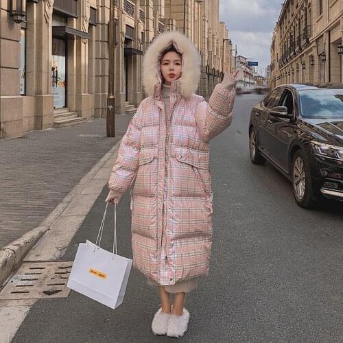 Womens Thick Cotton-padded Jacket Winter Long Loose White Duck Down Material Hooded Fur Collar Pink Lattice Shiny Surface Coat