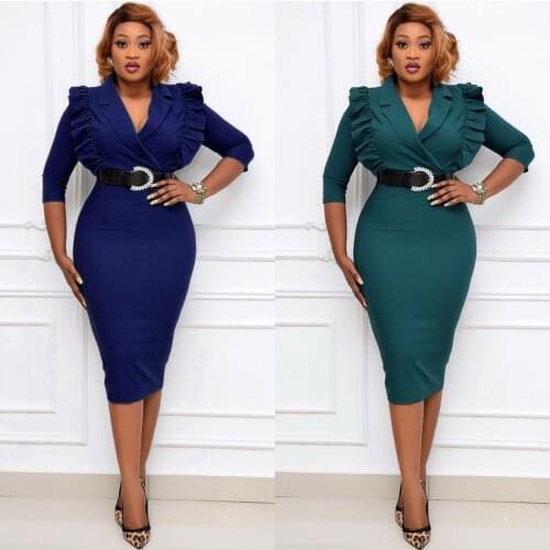 Woman XXXL plus Size Summer Womens Three Quarter V-neck Sexy Midi Package Hip Pencil Dress Luxury Sexy Fashion Green Blue