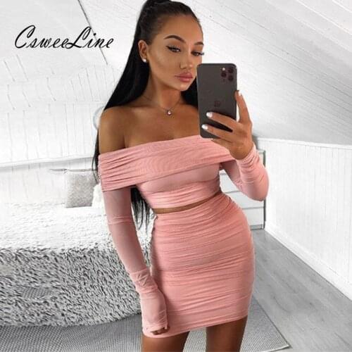 Two piece women off shoulder mesh dress ruched pink short mini bodycon dress Night Club Outfits Ladies Sexy Party Dresses