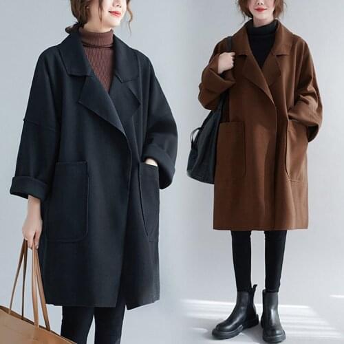 Fall Winter New Korean Version Plus Size Womens Woolen Coat Female Loose Windbreaker Thick Black Coffee Cardigan Long Coat s992