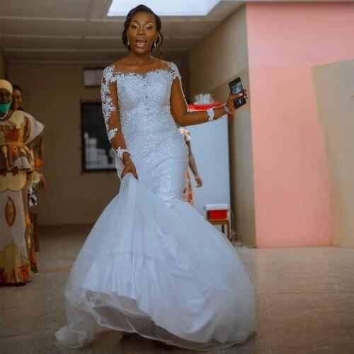 Mermaid African Wedding Dresses O Neck Bead Church Bridal Gown Sheer Long Sleeve Vestido De Novia