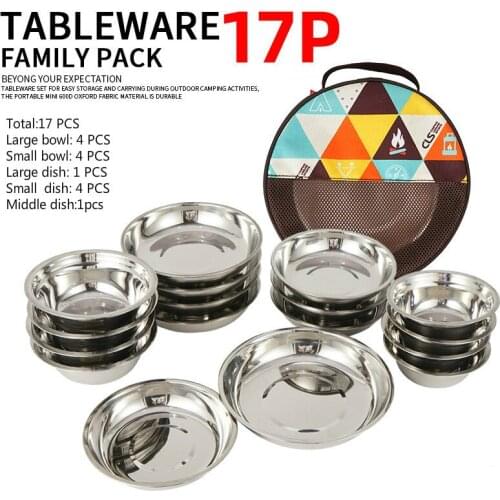 17pcs High Quality Food Plate Tableware Kit Dinner Dish Stainless Steel Dinnerware Set Camping Dishes Cup Bowl