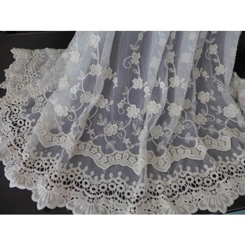 Beige Lace Fabric, Double Flowers Embroidered Lace, Soft Cotton Tulle Fabric, Wedding Curtains Fabric Supply