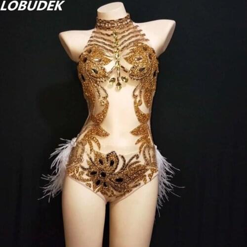 Flashing Gold Rhinestones Feathers Backless Bodysuit Sexy See-through Crystals Catsuit Women Dance Team Costume Party Stage Wear