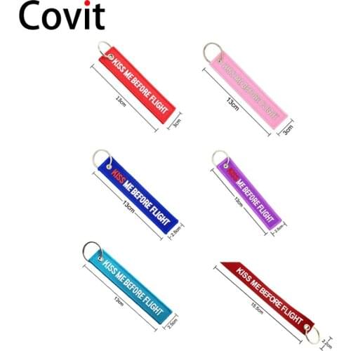 100pcs/lot Kiss Me Before Flight keychain Men Car key Rings Fabric Embroidery Bag Charms For Aviation Special Luggage Red tag
