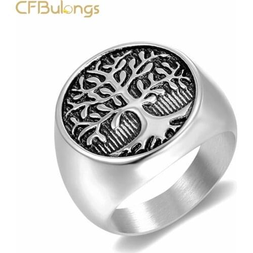 CFBulongs Men Vintage Ring Stainless Steel Tree of Life Lucky Amulet Finger Ring Punk Hip Hop Jewelry Boyfriend Creative Gift
