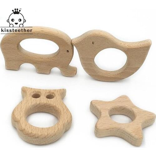 DIY Baby Teether Toys Organic Natural Beech Wooden Elephant-Bird-Star-Owl Hand Cut Toys Baby Wooden Teether Gift
