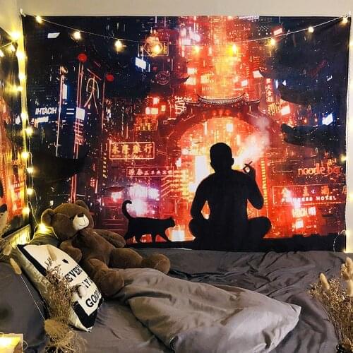 Tokyo City Night Life Tapestry Japanese Wall Painting Bedroom Home Boho Style Carpet Hippie Background Wall Decoration Tapiz