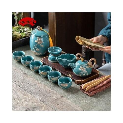 Ji blue glaze Japanese household kitchen kung fu tea set office tea teapot tea cups, ceramic tea set gift boxes