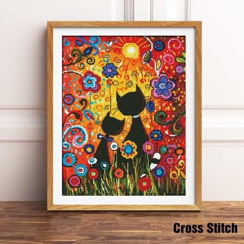 HUACAN Embroidery Cat Animals Kits Cross Stitch Flower Needlework Sets White Canvas DIY Home Decoration 14CT 40x50cm