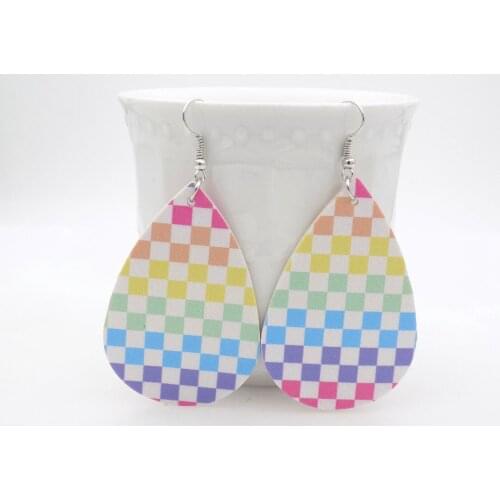 Checkered Earrings Faux Leather Teardrop Earring Double Side Print Bulk Order Wholesale