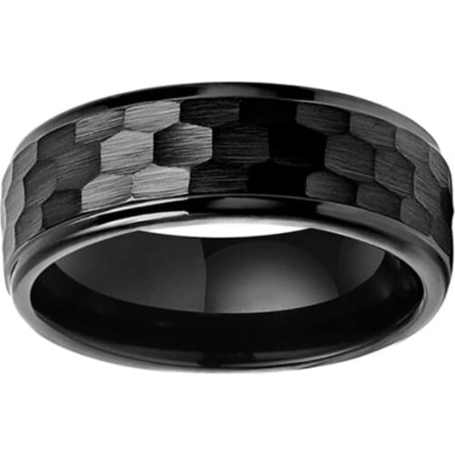 Hammered Finished 8mm Black Step Tungsten Ring Hammer Comfort Fit Multi-Faceted Men Wedding Band Party Gift Ring