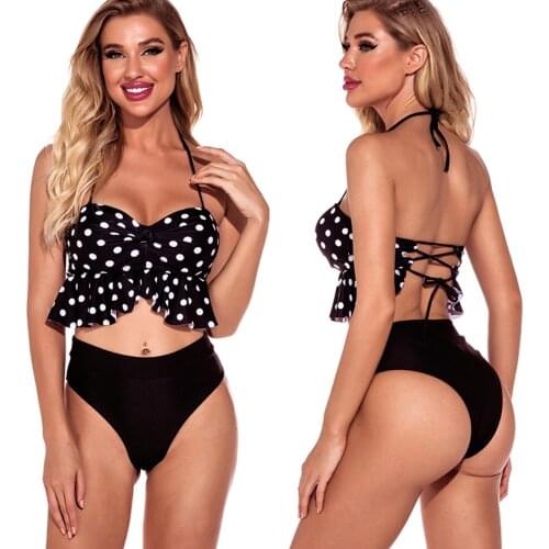 Two-piece Thong Bikini Set Women Sexy Separate Swimsuit Halter Cross Straps Backless Ruffle Top Concise Dot Summer Swimwear Suit