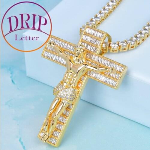 Religious Crucifix Jesus Pendant Gold Color Baguette Zircon Cross For Mens Necklace Rock Jewelry