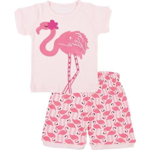 Summer Kids Sleepwear Cotton Casual Homewear Toddler Girl Cartoon Flamingo Pajamas Set T-shirt Shorts Children Tracksuit Outfits