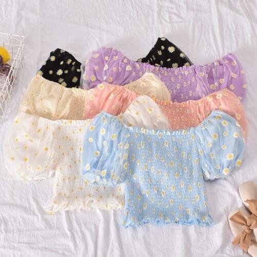 Summer Pleated Floral Print Chiffon Blouses Casual Puff Sleeve Slash Neck Sexy Sweet Expose Navel Short Chiffon Blouses Tops