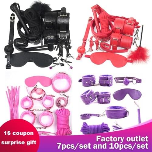 Sex bind Handcuffs SM Sex tools 10 Pcs/set Porno Sex Handcuffs Nipple Clamps Whip rope Bdsm Sex Collar mask Bondage Set Sex shop