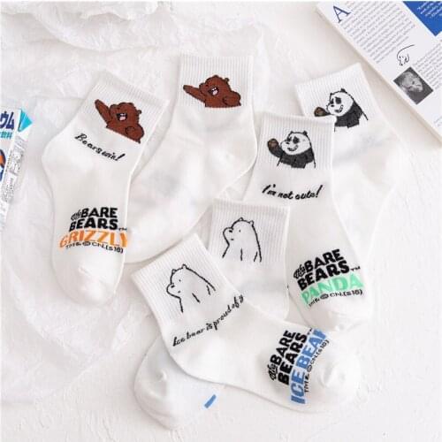 Cartoon Panda Socks Women White Funny Happy Cute Harajuku Novelty Bear Series Cotton Sock Anime Kawaii Lattice Letter Socks New