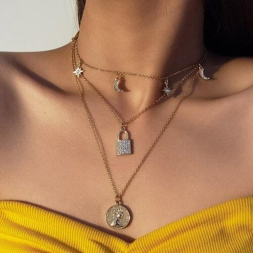 Fashion Crystal Star Sun Moon Lock Human Head Coin Pendant Necklaces For Women 2020 New Multilevel Female Necklace Jewelry Gift