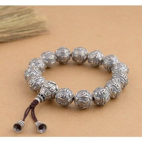 Handmade 100% 925 Silver Tibetan Six Words Proverb Bracelet Pure Silver OM Mantra Mala Bracelet Buddhist Mantra Beads Bracelet