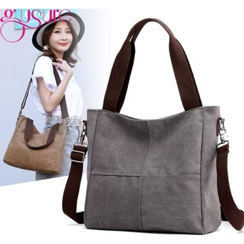 Gusure Women Canvas Tote Shopping Bag Lady Solid Big Capacity Shoulder Bag Pockets Messenger Bag Female School Book Outdoor Tote