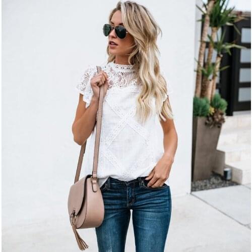 Sexy White Lace Blouse Shirt Women Fashion Short Sleeve Female Blouses Lady Vestidos Summer Hollow Out Tops Blusa