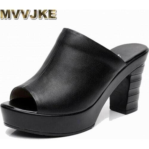 MVVJKE Thick Heels Shoes Peep Toe Womens Slippers Genuine Leather Shoes Wedges Platform Womens High Heel slippers Flip Flops