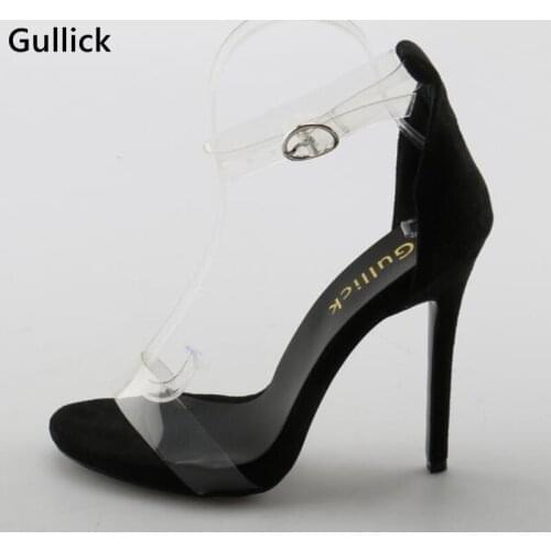 Gullick PVC Patchwork Transparent Buckle Strap Concise Sandals For Woman Cover Heel Suede Black Party Shoe Thin High Heels