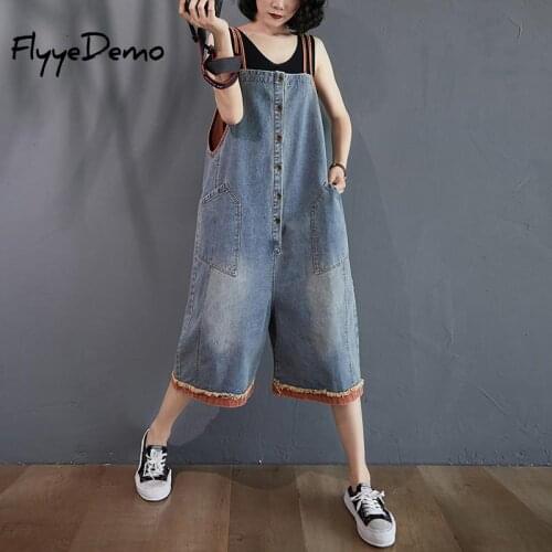 Women Summer Denim Overalls Big Hem Jeans Jumpsuits Plus Size Jeans Loose Causal Jeans Ankle Length Summer Outwears
