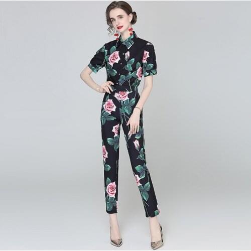 Fashion Summer Rose Flower Print Women 2 Piece Set Short Sleeve Single-Breasted Shirts Top + Hight Waist Slim Long Pants Suit