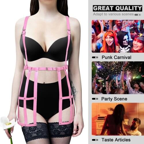 Gothic Leather Body Harness Lingerie Set Open Chest Bdsm Outfit Witch Punk Fashion Leather Cage Skirt Garter Exotic Accessories