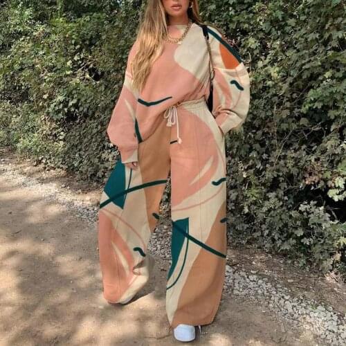Autumn Tracksuit 2 Piece Set Women Vintage Pattern Print Sweatshirt And Long Pants New Winter Sweatshirt Sportswear Two Suits