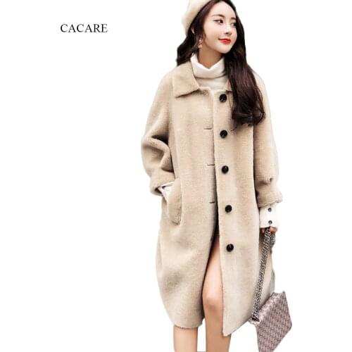 Real Shorn Sheep Skin Beige Long Coat Autumn Winter Ladies Korean Wool Coat Cashmere F0199 Single Breasted