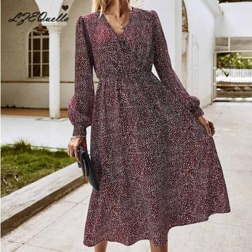 LZEQuella Bohemian Style Women Dress Elegant Printing Spring Midi Dress Women Casual V Neck High Waist Vestidos Dresses NZ2976