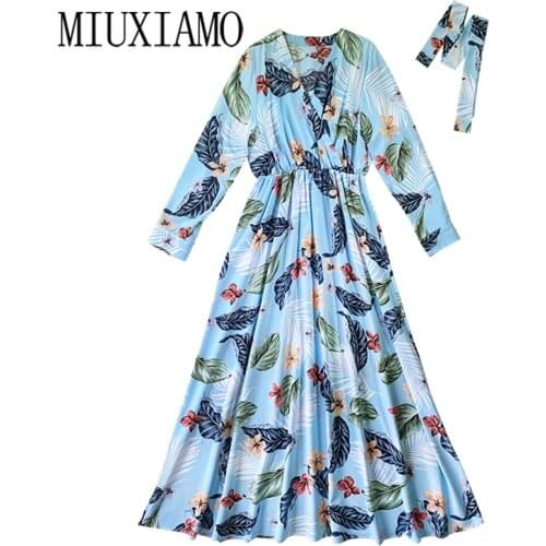 MIUXIMAO 2021 Bohemian Plus Size Dress V-neckLong Sleeve Maxi Dress Women Elastic Silk Flower New Fashion Blue Long Dress Belt